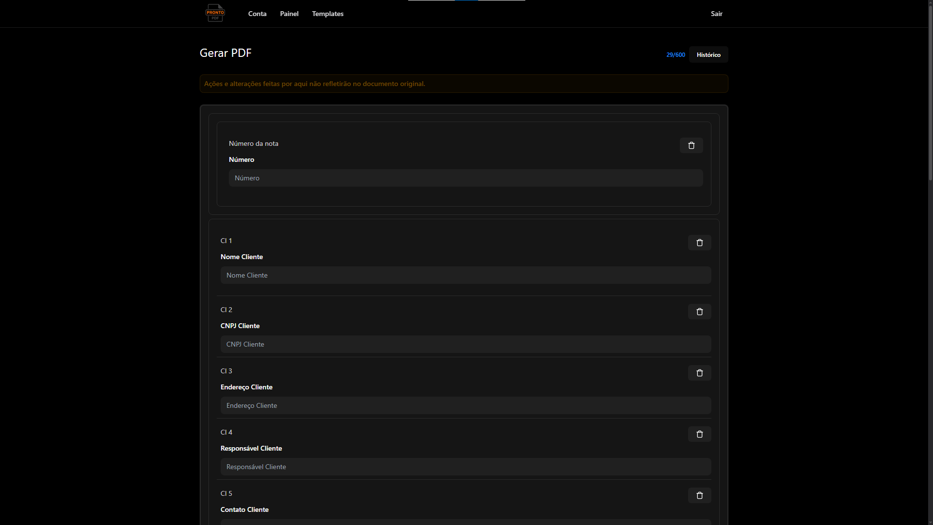 Campos do formulário para preenchimento