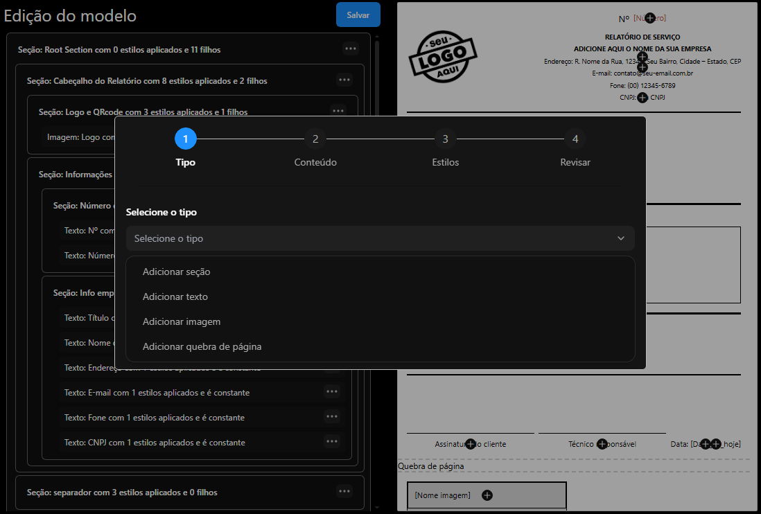 Tipos de componentes do modelo