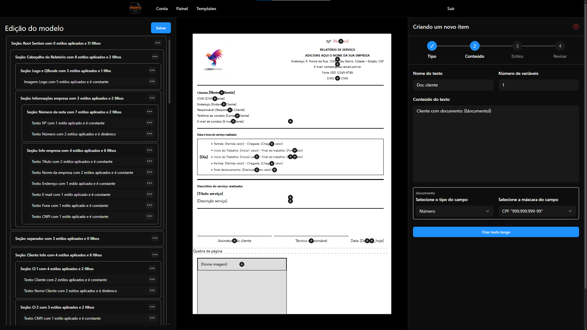 Criação de um texto longo com variáveis